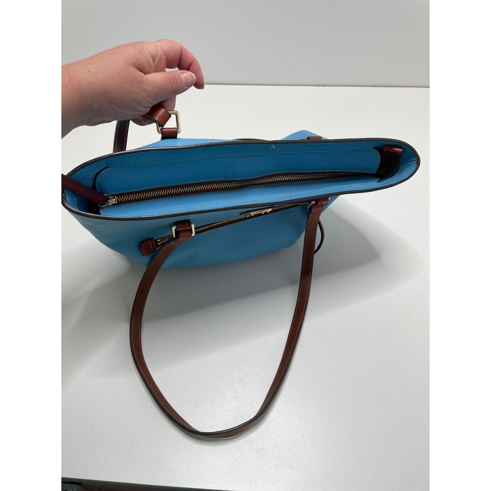 Dooney & Bourke Turquoise Pebbled Leather Tote Bag Brown Trim Blue Shoulder Bag - Picture 13 of 16